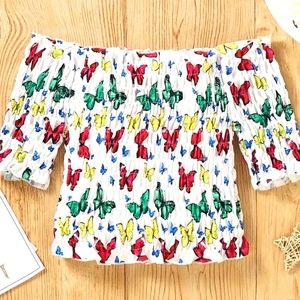 Girls Off Shoulder Butterfly Graphic Shirred Frill Trim Short Sleeve Blouse Top